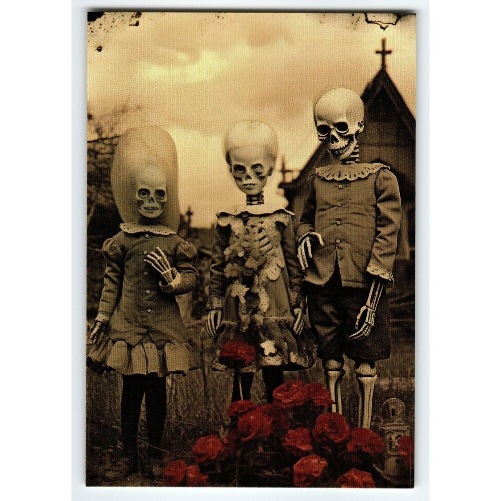 Vintage Halloween Postcard with Skeleton Children and Red Flowers, Photochrome